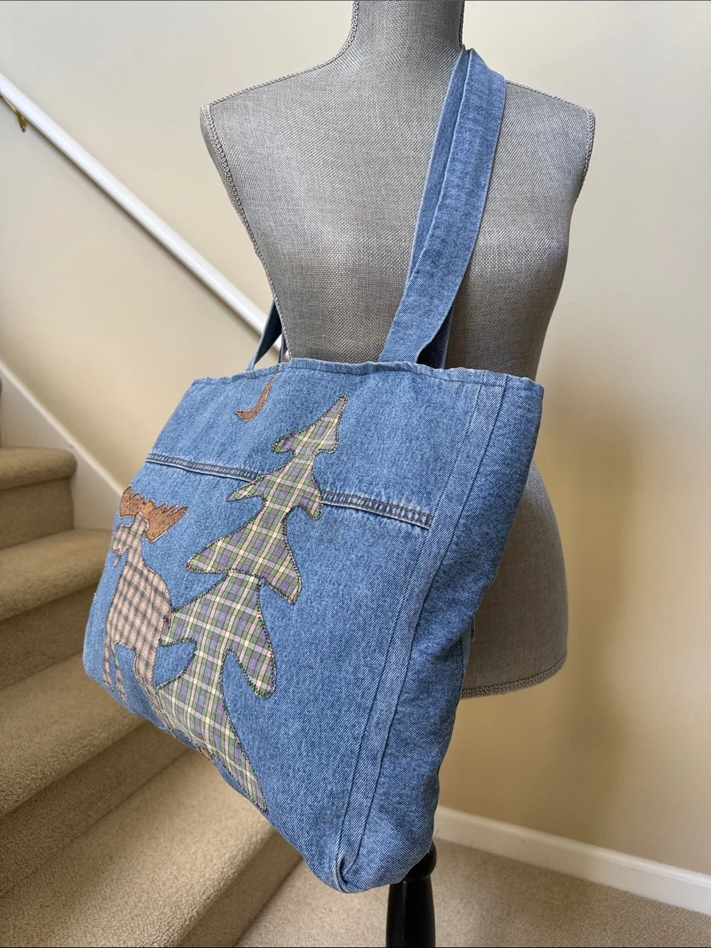 New w/o tag Denim Stonewashed Tote Bag with Plaid Moose & Tree Appliqué - Blue